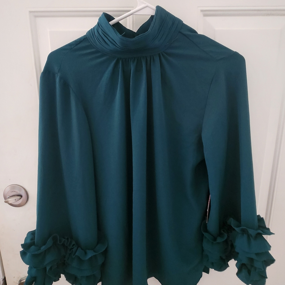 Vince Camuto Teal Blouse with Ruffled Sleeves